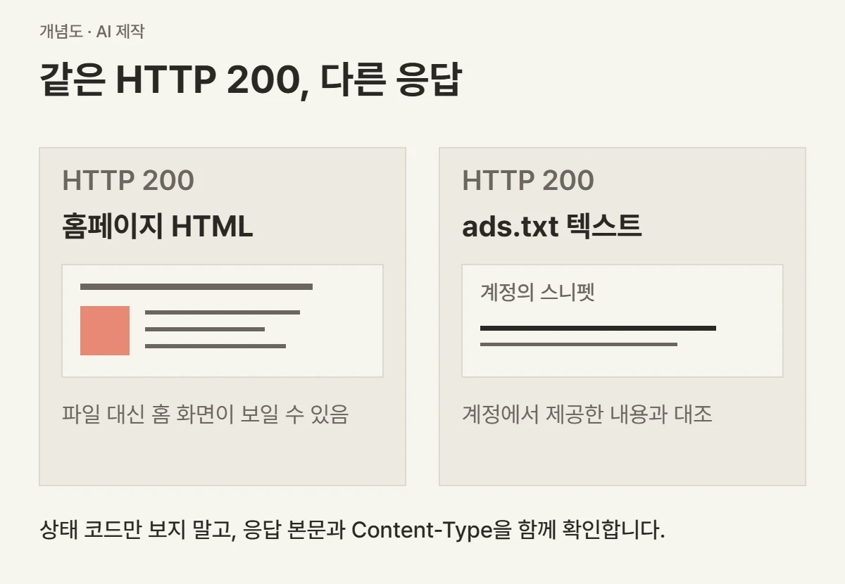 같은 HTTP 200이어도 홈페이지 HTML과 ads.txt 텍스트는 다른 응답임을 비교한 도식
