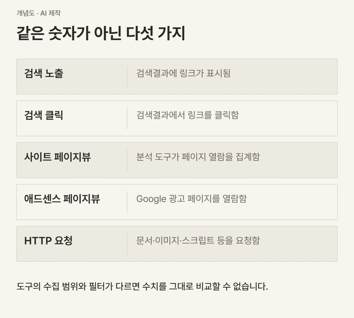 검색 노출, 검색 클릭, 사이트 페이지뷰, 애드센스 페이지뷰, HTTP 요청이 서로 다른 사건을 센다는 비교도