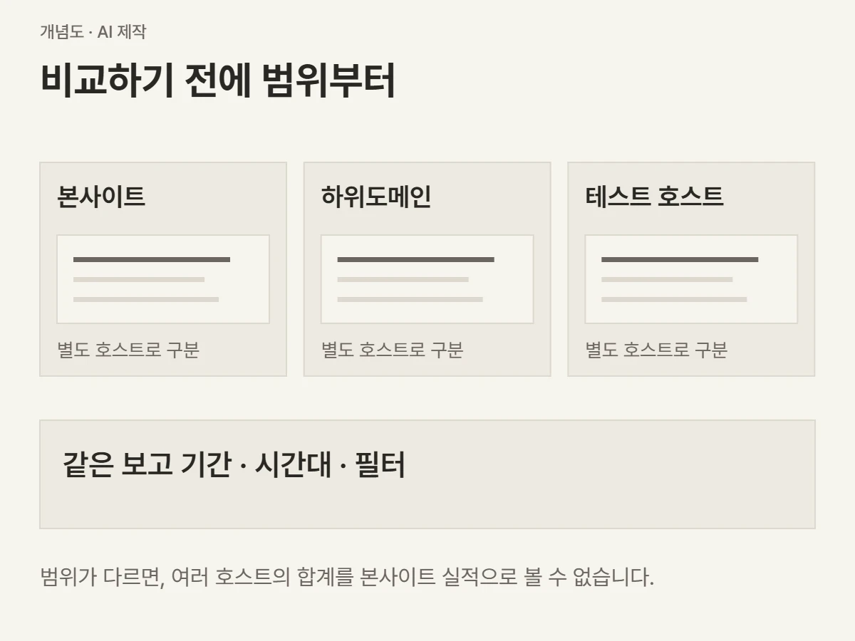 본사이트, 하위도메인, 테스트 호스트를 나누고 보고 기간과 필터를 맞추는 비교 구조